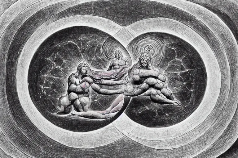 Image similar to a god giving birth to a new universe and then dissolving itself into it, in the style of william blake, illustration, epic, fantasy, smooth