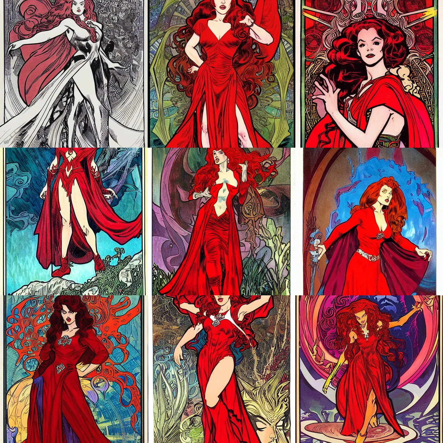Prompt: a female draconic sorceress with curly red hair wearing a red dress and a red cloak. well composed, clean elegant painting, beautiful detailed face. comic book art by steve ditko and jack kirby and alphonse mucha