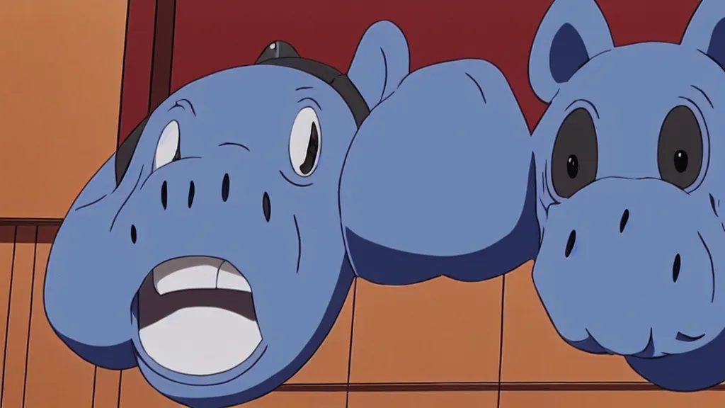 Prompt: a cop wearing a blue hippo mask standing in a police station, anime film still from the an anime directed by Katsuhiro Otomo with art direction by Salvador Dalí, wide lens