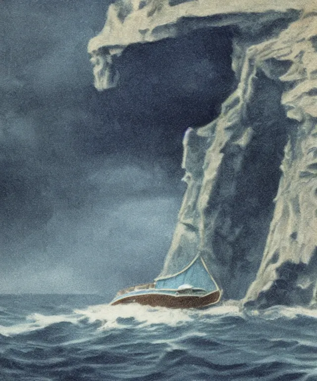 Prompt: photorealistic blue - toned photo of a 1 9 2 5 bay boat sailing near a jamaican cliff with the mouth of a sea cave at the waterline, dark, brooding, atmospheric, lovecraft, horror, smooth, epic, highly detailed, cinematic, by clyde caldwell