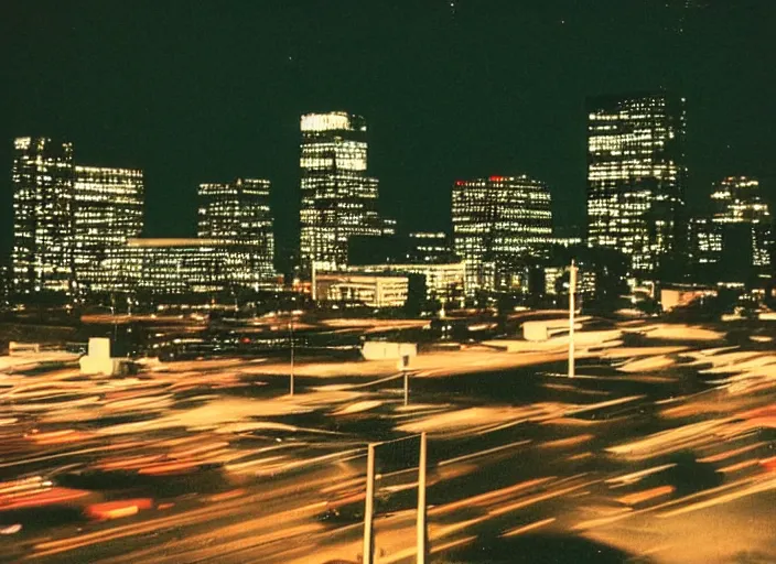 Image similar to looking up at a sprawling building complex seen from a dark parking lot in los angeles at night. 1 9 9 0 photo by james cameron