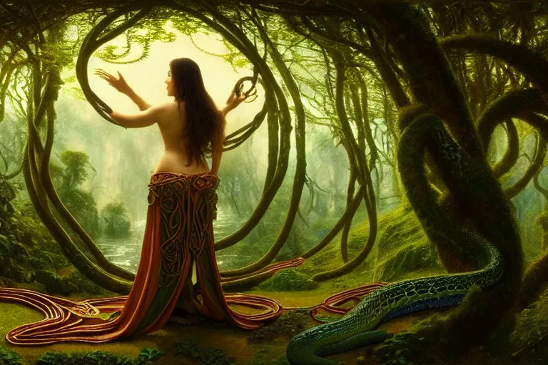 Prompt: a beautiful and highly detailed matte painting of a sexy lady wearing a snake in a mystical forest, psychedelic, celtic, intricate details, epic scale, insanely complex, 8 k, sharp focus, photorealism, artstation, cgsociety, by caspar friedrich, albert bierstadt, james gurney, brian froud,