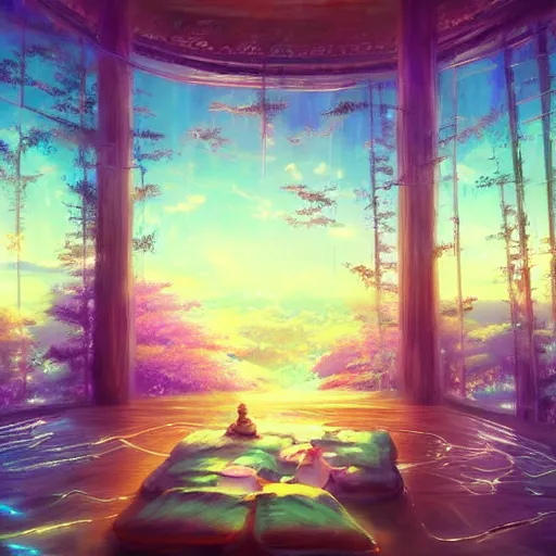 Image similar to a heavenly dream view from the interior of my cozy dream world filled with color from a Makoto Shinkai oil on canvas inspired pixiv dreamy scenery art majestic fantasy scenery fantasy pixiv scenery art inspired by magical fantasy exterior