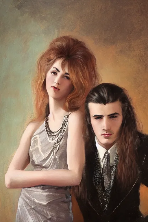 Image similar to a portrait of handsome young male 1960s rock star with long hair and his elegant beautiful 1960s bohemian wife, bored, illustration, dramatic lighting, soft details, painting oil on canvas, art nouveau, octane render, HDR, 4k, 8k, HD, by Edmund Blair Leighton, Brom, Charlie Bowater, trending on artstation, faces by Tom Bagshaw, Sargent