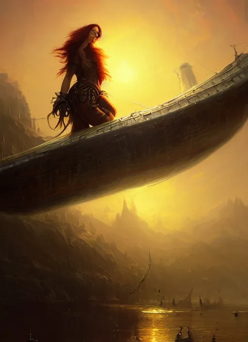 Image similar to portrait painting of a handsome rugged long hair crimson hair male pirate, soft hair steampunk ornate zeppelin blimp airship in the background sky sunset golden hour art by raphael lacoste and stephan martiniere greg rutkowski gaston bussiere fantasy soft hair trending on artstation deviantart book cover art concept art key art dramatic volumetric lighting, 4 k, award winning