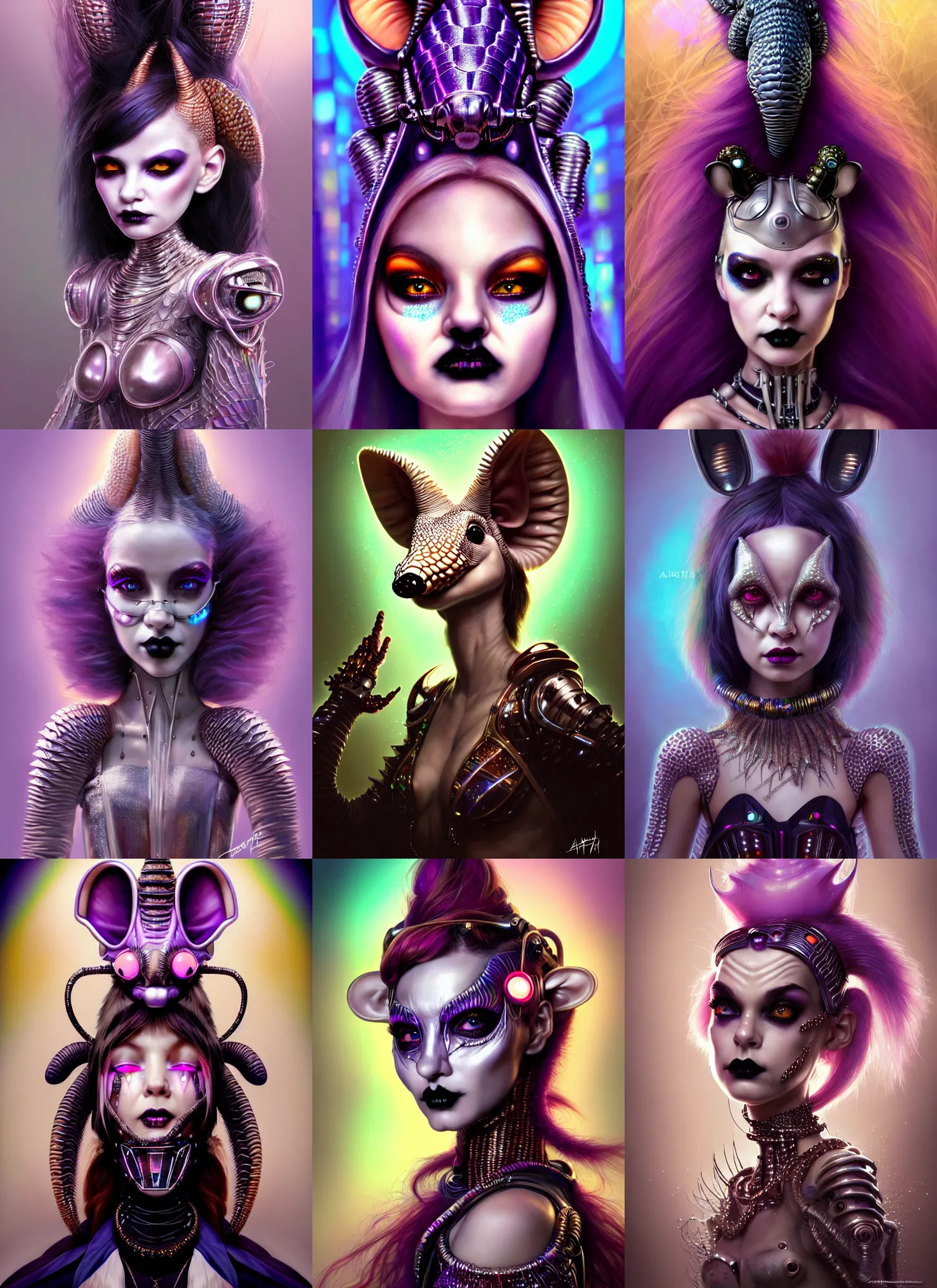 Prompt: disney weta portrait, soft lustrous biotech raver white goth clowncore armadillo cyborg, bling, hi - fructose, sci - fi fantasy cyberpunk intricate decadent highly - detailed digital painting, ever after high, octane render, artstation, concept art, smooth, sharp focus, illustration, art by artgerm, mucha, loish, wlop