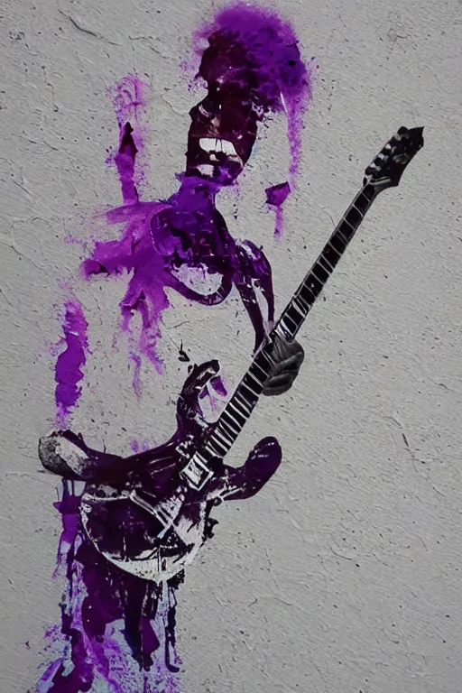 Image similar to dripping purple faded paint across the shape of a human playing guitar, realistic, extremely detailed, coming out of the building