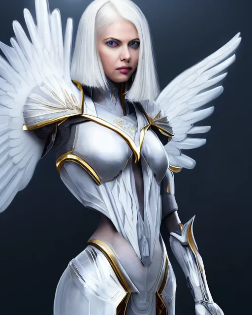 Image similar to perfect white haired attractive egyptian goddess with huge white dove wings, warframe armor, beautiful, symmetric, charlize theron, half asian, pretty face, blue eyes, cyborg, scifi platform, laboratory, experiment, 4 k, ultra realistic, epic lighting, android body, illuminated, cinematic, masterpiece, art by akihito tsukushi, voidstar