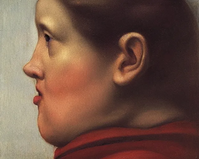 Image similar to colored portrait. the same style. a very unique profile, seen from the side, medium shot. fat face, a straight and long nose, and huge prominent eyes. she is singing to the sun. old photograph. sharp image. academicism, highly detailed, color harmony, art station, ornate, caravaggio style. old photography