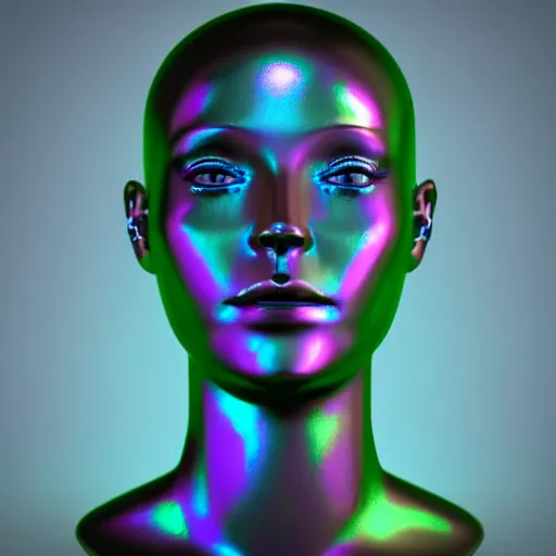 Image similar to 3d render of holographic human robotic head made of glossy iridescent, surrealistic 3d illustration of a human face non-binary, non binary model, 3d model human, cryengine, made of holographic texture, holographic material, holographic rainbow, concept of cyborg and artificial intelligence