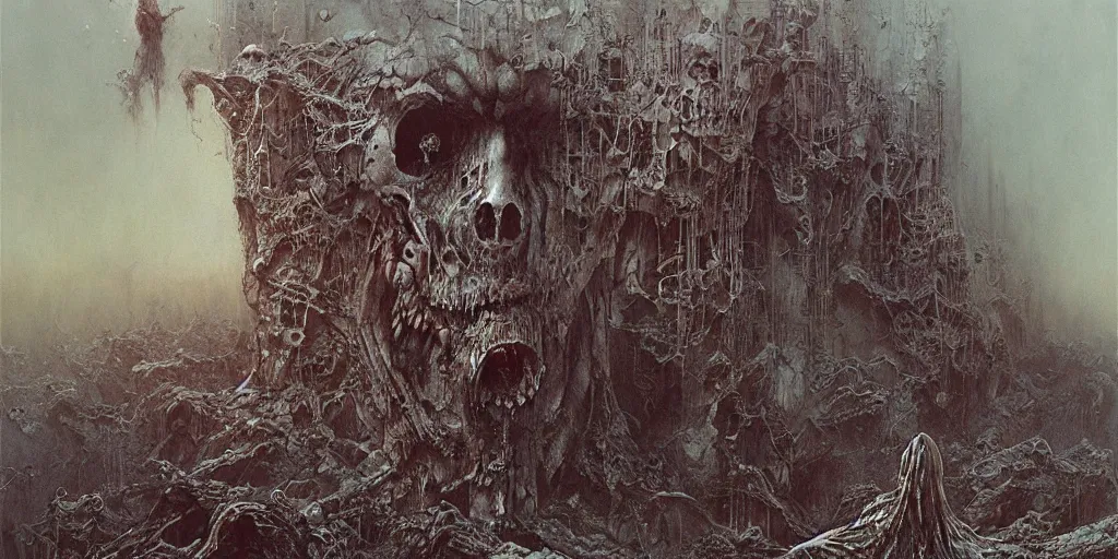Image similar to the feeling of devastation on a level that decimates your will to live, surreal, painted by greg rutkowski, beksinski, giger