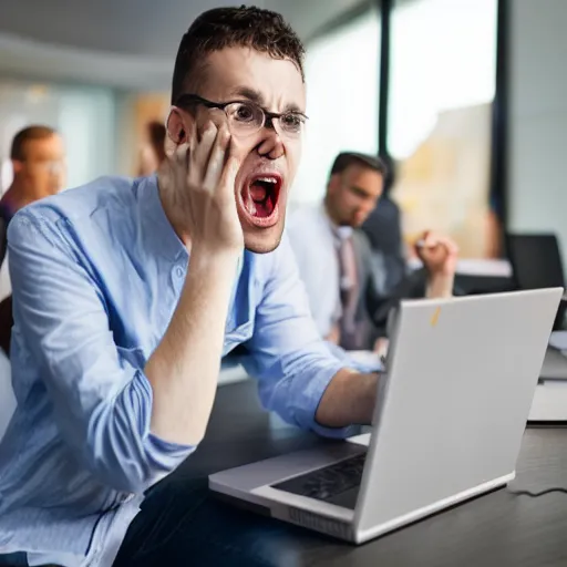 Image similar to Stock Photo of a mam holding a laptop while he screams out IT NETWORKING, Realistic, HDR, Clear Image, HDD, RTX ON, C 10.0