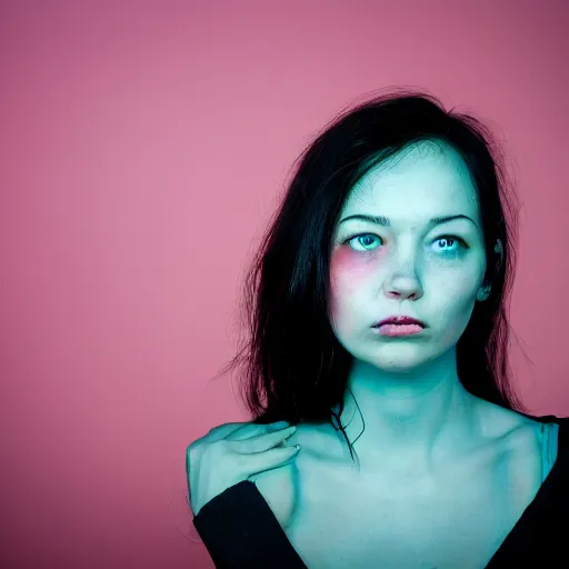 Image similar to photo of a woman. cyan and pink. moody and melanchonic.