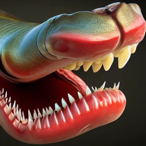 Image similar to a fish wearing human dentures, amazing, beautiful, perfect eyes, full body shot, portrait, vivid colors, elegant, concept art, sharp focus, digital art, Hyper-realistic, 4K, Unreal Engine, Highly Detailed, HD, Dramatic Lighting by Brom, trending on Artstation