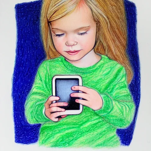 Image similar to 3 year old blonde girl with iphone, colored pencil on white background by eloise wilkin