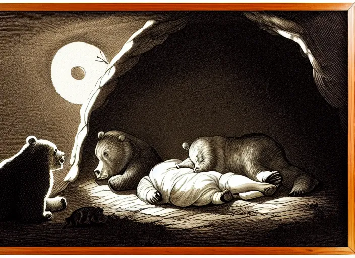 Image similar to Pieter Claesz's 'a bear and her cub sleeping in a dark cave, lit by hole in roof', night time, cross hatching, backlit, beautiful wooden frame, monochrome, colours of the sunset