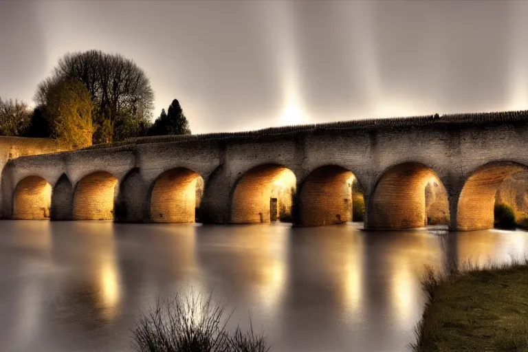 Image similar to masterpiece lomography landscape of ( pont ambroix at ambrussum ), single arch, cinematic lights, 8 k, long exposure, fog in the background, soft blue tones, by gustave courbet, artstation, deviantart