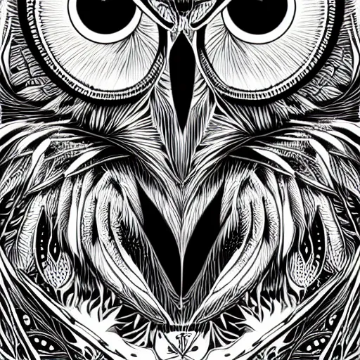 Prompt: black and white illustration head of a owl, super detailed, by dan mumford, by aaron horkey, high contrast
