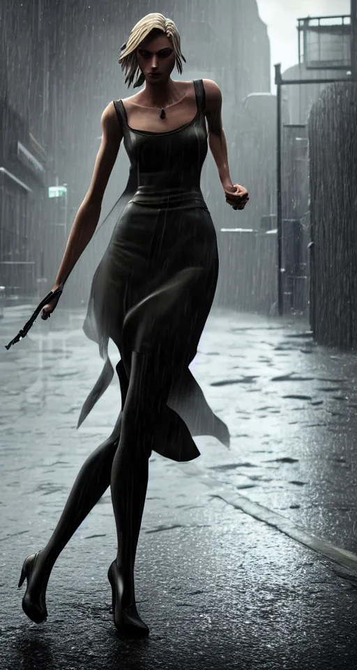 Image similar to beautiful model annie leonhart running on high heels with open toe in dunwall city, beautiful face, detailed face, cinematic lighting, rainy weather, melancholy atmosphere, volumetric light, octane render, dishonored 1, gothic architecture, realistic reflections, octane render 8 k, model agency