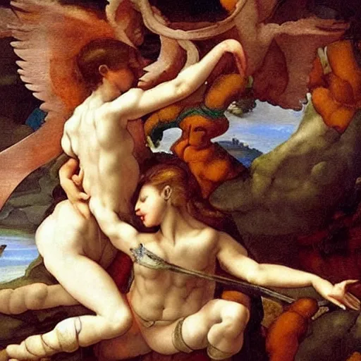 Prompt: a stunning oil painting of a ballerina angel spearing a ballerina demon in an epic battle by michelangelo