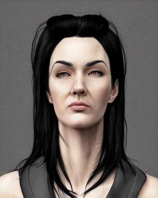 Image similar to portrait of a tall 4 0 - year - old woman with thin lips, long, lush black hair gathered on the head bun, and thick eyebrows, wearing in black clothes, aristocratic appearance, hyper realistic face, beautiful eyes, character art, art by mark brooks, hyperdetailed, cryengine, trending on artstation, digital art