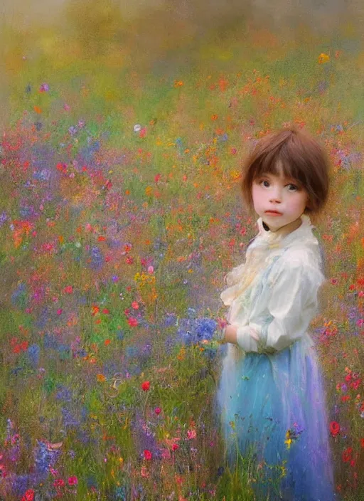 Image similar to a cute little girl with short light brown curly hair and blue eyes standing in a field of colorful wildflowers. beautiful ethereal painting by ruan jia