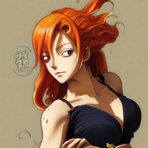 Image similar to intricately detailed vfx portrait of nami from one piece by eiichiro oda, makoto shinkai, alphonse mucha, art by artgerm and greg rutkowski, best of behance, concept art, matte, sharp focus, orange hair, elegant, adolphe bouguereau, annie leibovitz, stanley kubrick,