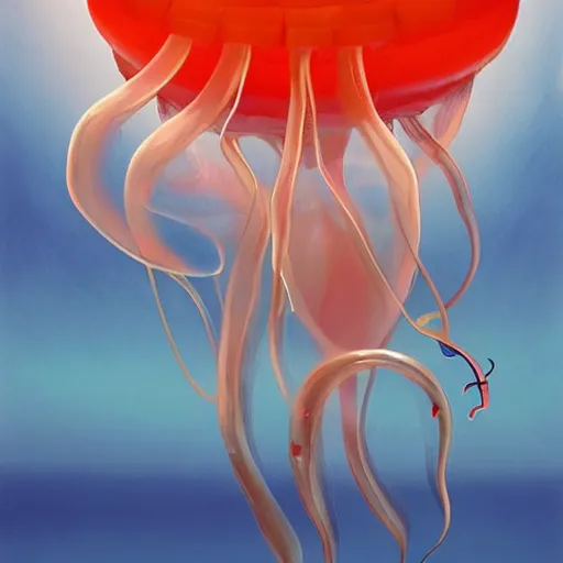 Image similar to Giant jellybean jellyfish fly through the air, as a tornado approaches, by Takashi Murakami, Edward Hopper, Bo Bartlett, and Cynthia Sheppard, Artstation