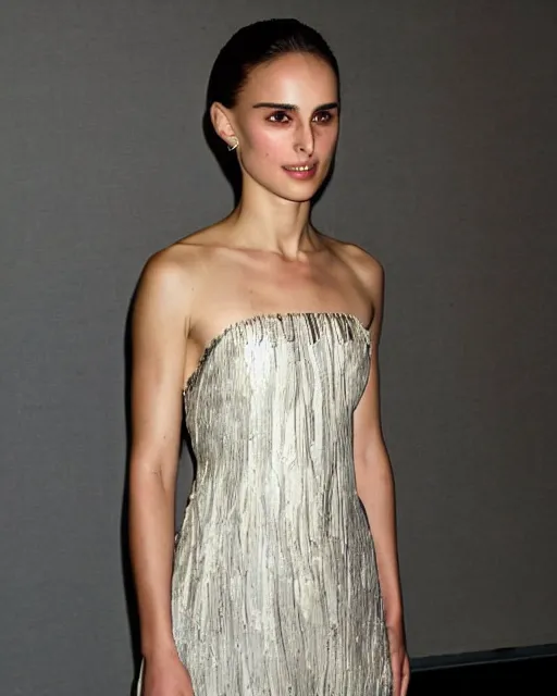 Prompt: young nathalie portman at the new york fashion week, wearing an outfit made from money, photo by greg rutkowski, soft lighting, female beauty, intricate detail, elegance, sharp shapes, masterpiece