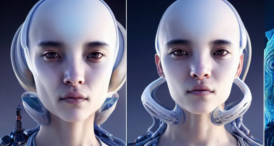 Image similar to portrait of yael shelbia and kang seul - gi, venus squid astronaut, symetrical facial, white hair, intricate design details. cyberpunk, touareg, by ruan jia and weldon casey. smooth gradients, deep space.