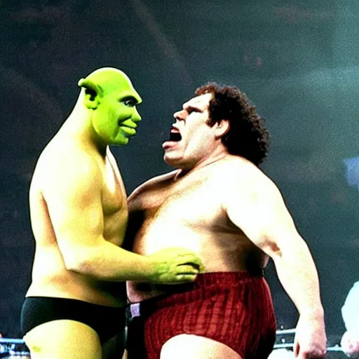 Image similar to shrek vs andre the giant at wrestlemania 8