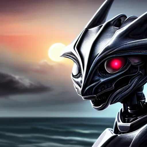 Prompt: close up maw shot, headshot, of a cute stunning robot anthropomorphic female dragon, with sleek silver armor, a black OLED visor over the eyes, looking at the camera, her warm dragon maw open in front of the camera, camera looking down into the maw, about to consume the camera, on the beach at sunset, highly detailed digital art, furry art, anthro art, sci fi, warframe art, destiny art, high quality, 3D realistic, mawshot, Furaffinity, Deviantart