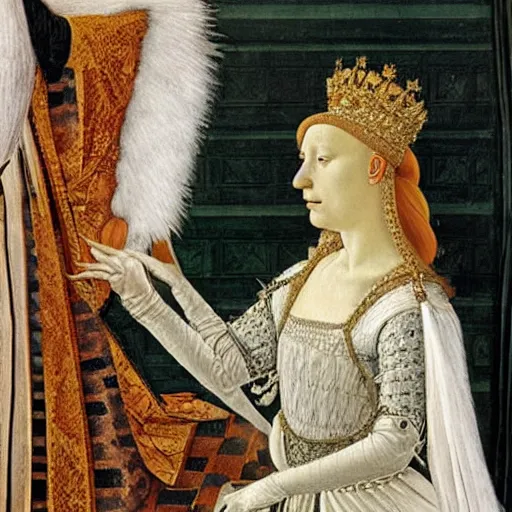 Image similar to portrait of a white with white fur as an italian queen, painting by botticelli, 1 4 8 0 s