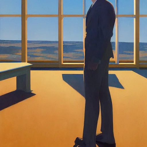 Prompt: Portrait of a man wearing a business day dreaming, very coherent, painted by Edward Hopper, Wayne Barlowe, painted by James Gilleard, airbrush, art by JamesJean