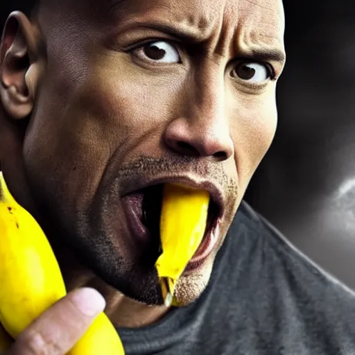 Prompt: dwayne johnson eating banana close-up
