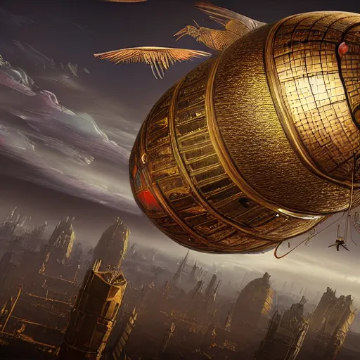 Image similar to enormous flying city in a faberge egg, sky, steampunk, fantasy art, masterpiece, unreal engine, hugh ferriss