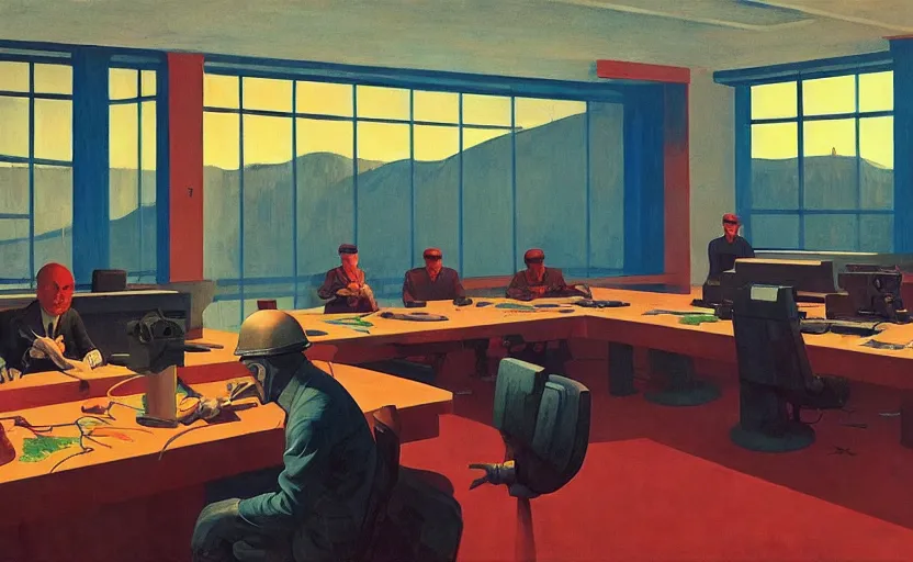 Image similar to Inside a Nuclear war room, very coherent, painted by Edward Hopper, Wayne Barlowe, painted by James Gilleard, airbrush, art by James Jean and Geof Darrow