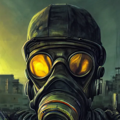 Image similar to Close up of a guy in a Gasmask, Cyberpunk city, street vendors, citizens, augmented cyborgs, robots, skyscapers, buildings, clouds, sunset, painted by seb mckinnon, high detail, digital art, trending on artstation