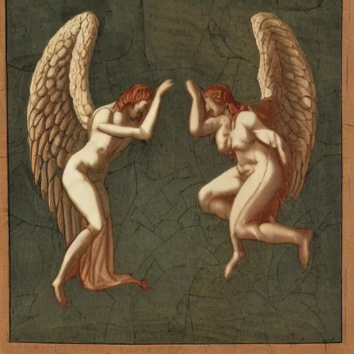Image similar to an angel partially overlapping a demon, fusing in the middle