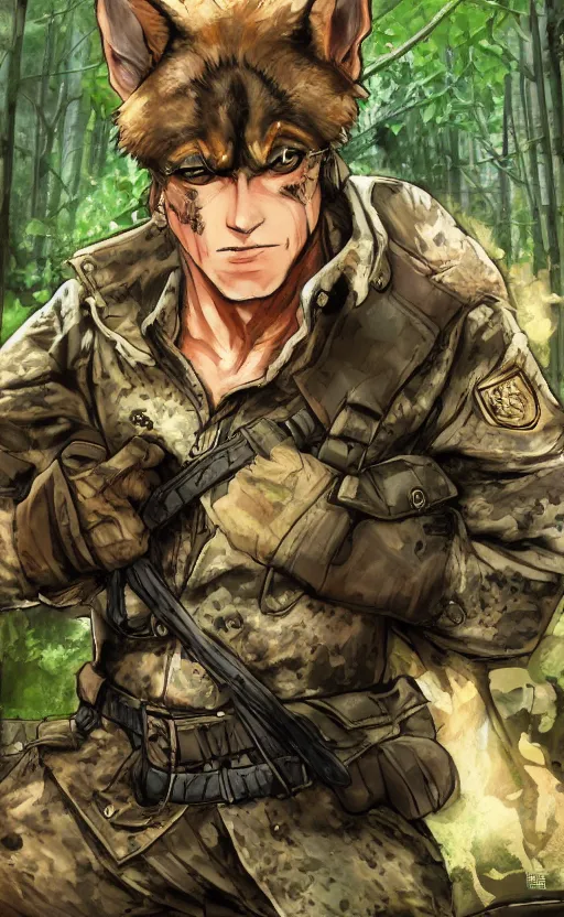 Image similar to close up character portrait icon of the german shepard beast - man military uniform head animal person wearing clothes standing in the bright forest, hidari, color page, tankoban, 4 k, tone mapping, akihiko yoshida