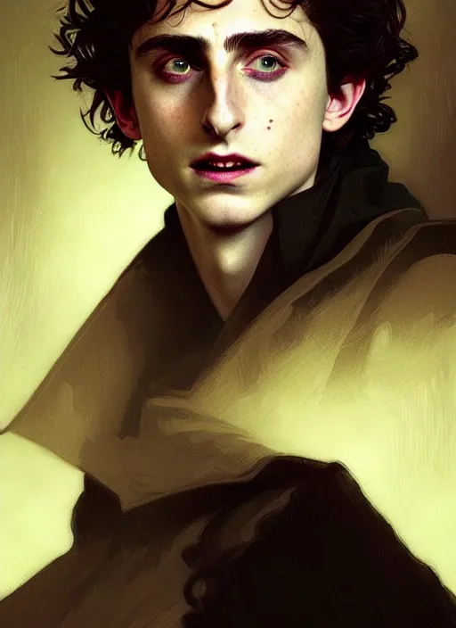 Image similar to portrait of timothee chalamet as a vampire lord, greek, emerald, intricate, headshot, highly detailed, digital painting, artstation, concept art, sharp focus, cinematic lighting, illustration, art by artgerm and greg rutkowski, alphonse mucha, cgsociety