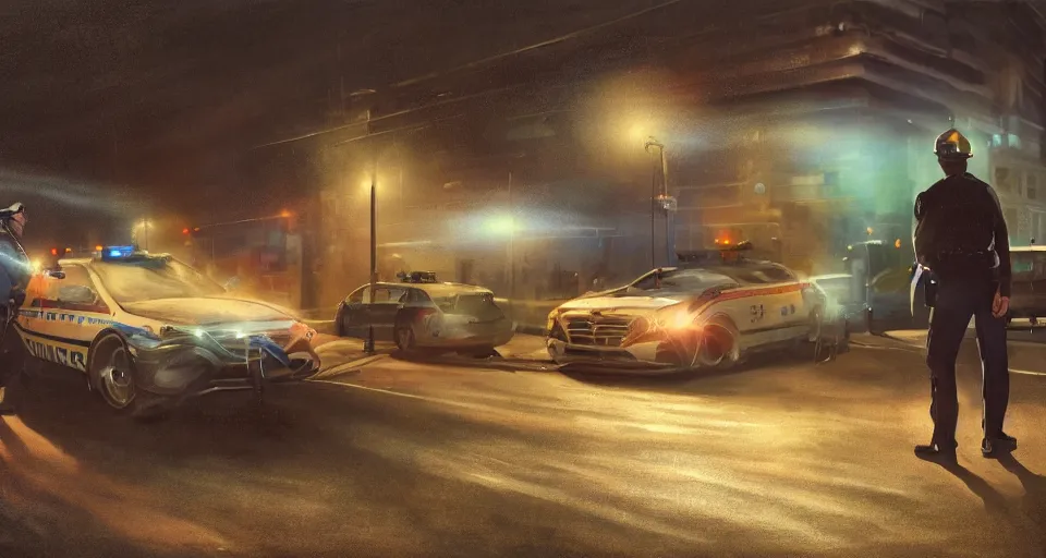 Image similar to as a painting, man getting arrested by police, police car in background with bright police sirens, lens glare, dramatic lighting, cinematic, establishing shot, extremely high detail, photo - realistic, cinematic lighting