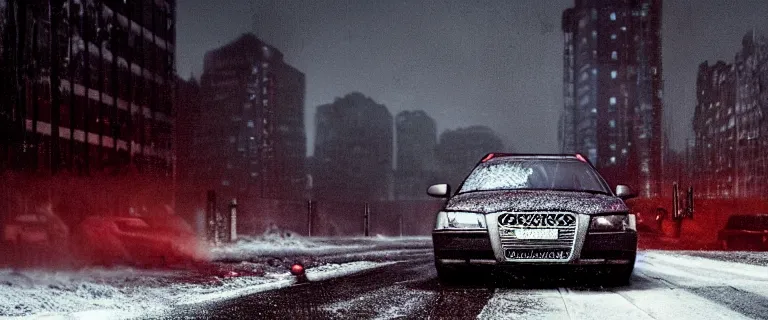 Image similar to Audi A4 B6 Avant (2002), a gritty neo-noir, dramatic lighting, cinematic, eerie person, death, homicide, homicide in the snow, viscera splattered all over the car, gunshots, establishing shot, extremely high detail, photorealistic, arson, burning city, cinematic lighting, artstation, by simon stalenhag, Max Payne (PC) (2001) winter New York at night, In the style of Max Payne 1 graphic novel, flashing lights, Poets of the Fall - Late Goodbye