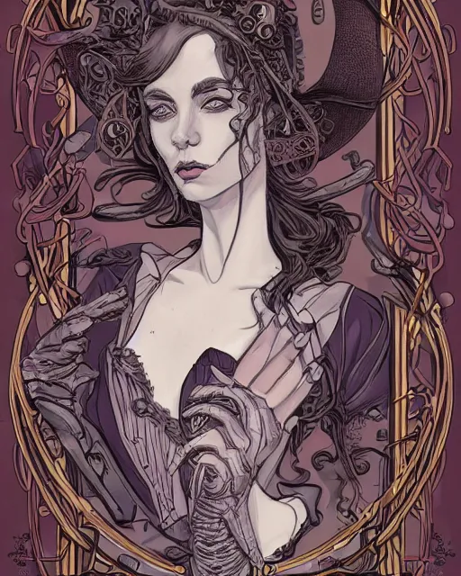 Image similar to a detailed portrait illustration of a steampunk witch - necromancer. distinguished face. random gender. art nouveau, pop art, comic book style. influenced by neil gaiman, h. p. lovecraft, tim burton, brian froud, vadim voitekhovitch, killian eng, ross tran.