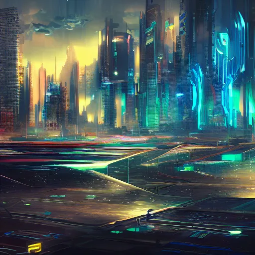 Prompt: hd photo of futuristic cyberpunk city digital painting style of Jeszika Le Vye