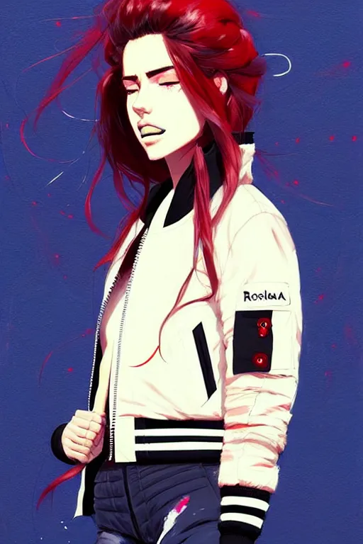 Prompt: a ultradetailed beautiful painting of a stylish woman wearing a bomber jacket, by conrad roset, greg rutkowski and makoto shinkai trending on artstation