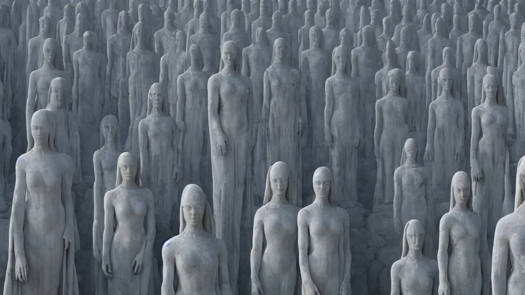Image similar to monolithic marble statues of holy alien figures stare into the camera on a Venus temple, film still from the movie directed by Denis Villeneuve with art direction by Zdzisław Beksiński, wide lens
