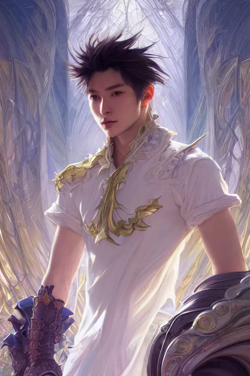 Image similar to portrait of a man with strange hairs, soft smile, final fantasy, league of legends champion, strong iridescent light, by chengwei pan and sakimichan and greg rutkowski and alphonse mucha, gradient white to gold, in front of a magical building background, highly detailed portrait, digital painting, smooth, focus illustration