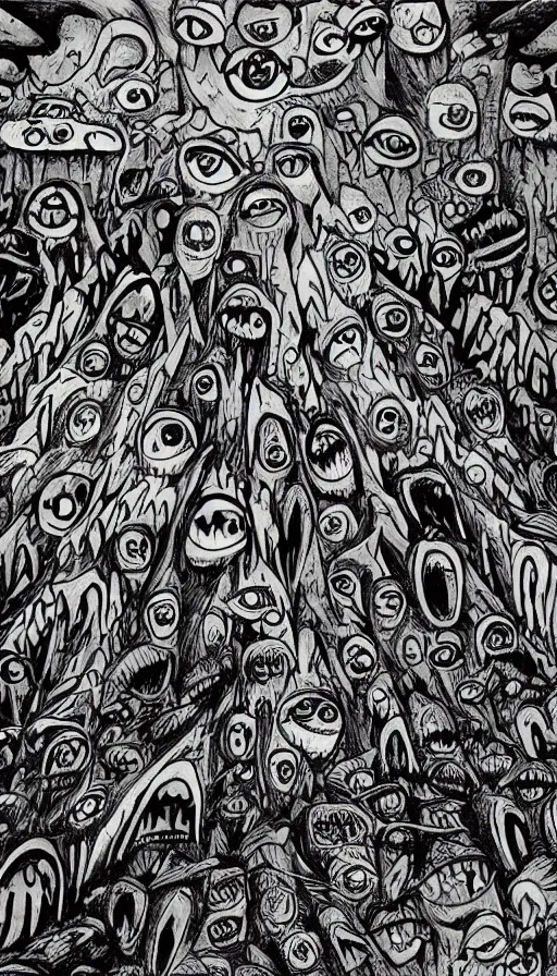 Image similar to a storm vortex made of many demonic eyes and teeth over a forest, by rebecca sugar