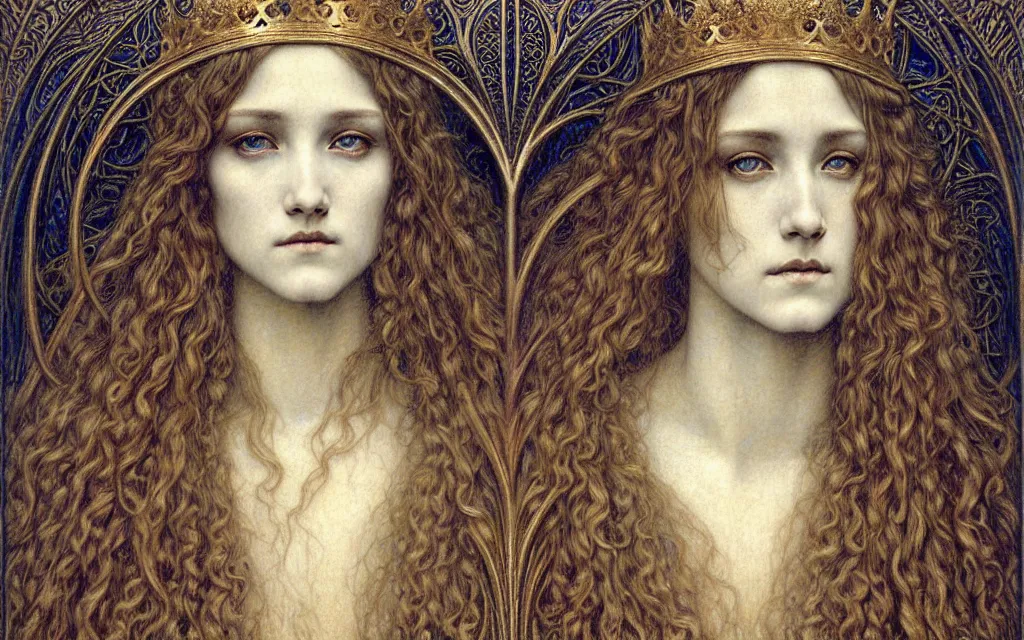 Image similar to detailed realistic beautiful young medieval queen face portrait by jean delville, gustave dore and marco mazzoni, art nouveau, symbolist, visionary, gothic, pre - raphaelite. horizontal symmetry